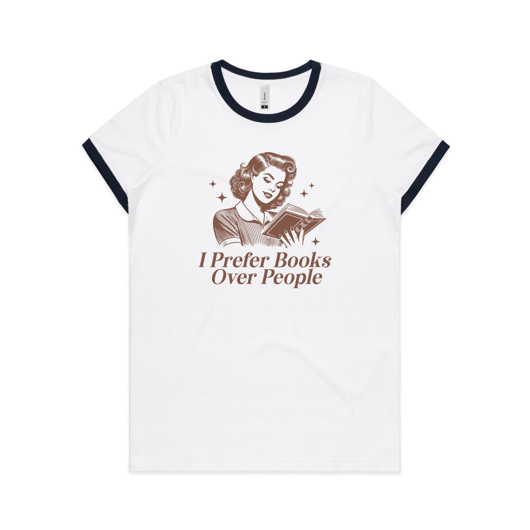 I Prefer Books Over People - AS Colour Women's Ringer Tee White Navy Womens Ringer T-shirt Printed In Australia Reading