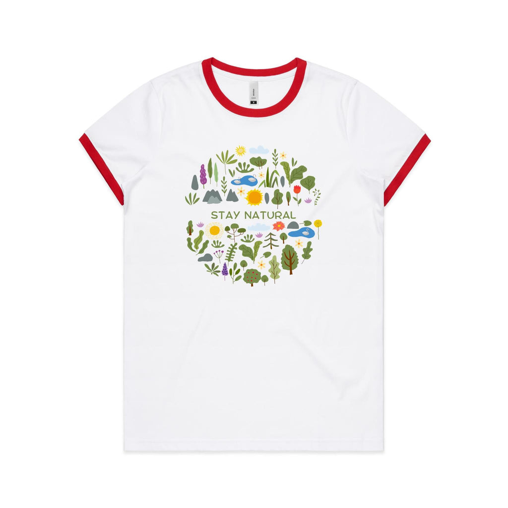 Stay Natural - Women's Ringer Tee White Red Womens Ringer T-shirt Plants Printed In Australia