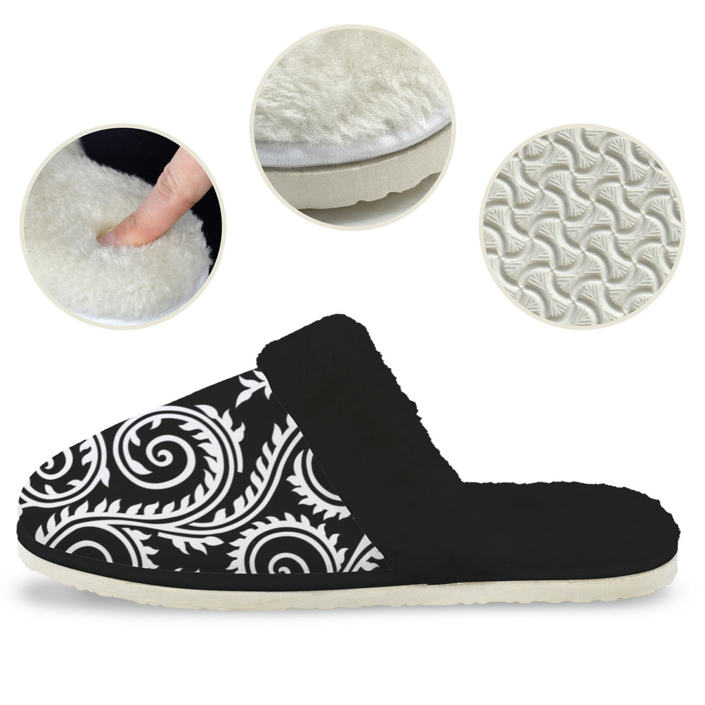 Black And White Swirl Women's Fur Trim Thick-Sole Indoor Slippers Women's Fur Trimmed Slippers Printed Offshore