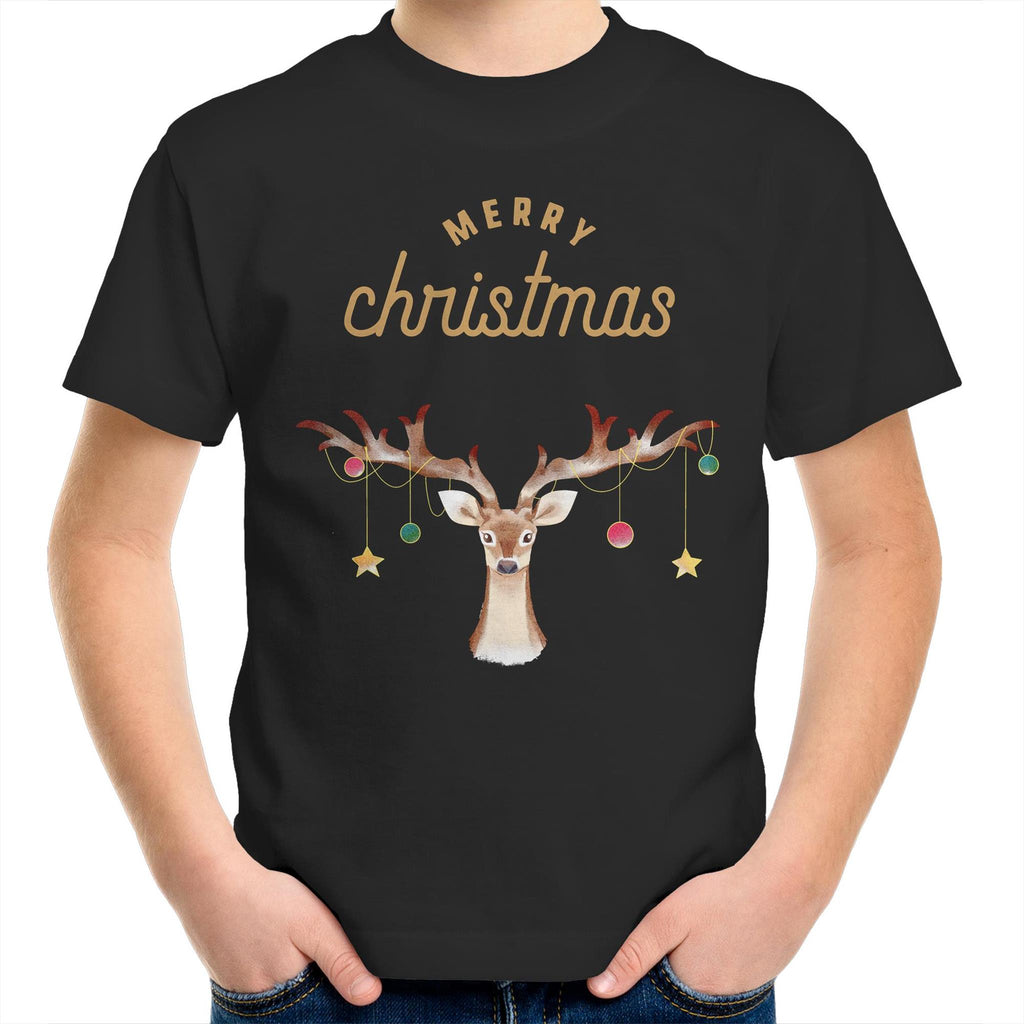 Merry Christmas Reindeer - Kids Youth T-Shirt Black Kids Christmas T-shirt Christmas Printed In Australia