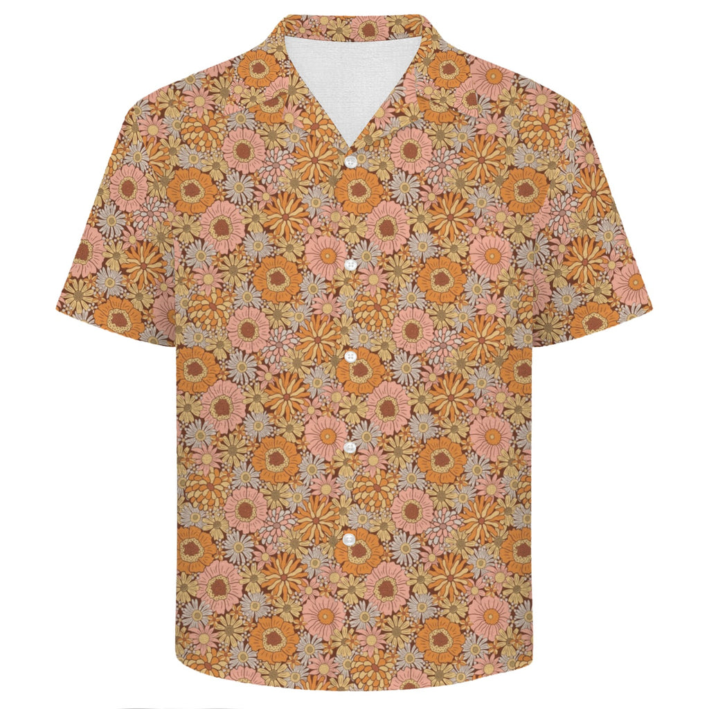 Orange Retro Floral Men's Crinkle Hawaiian Shirt