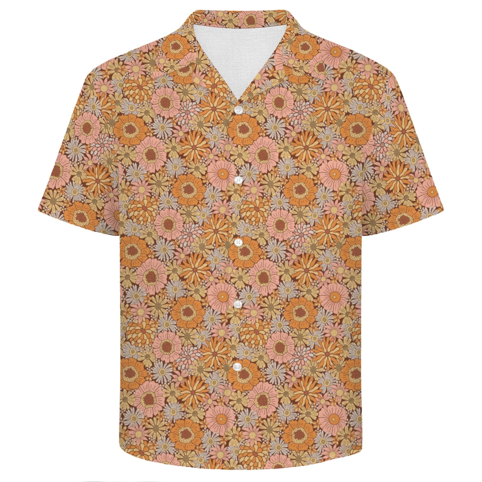 Orange Retro Floral Men's Crinkle Hawaiian Shirt