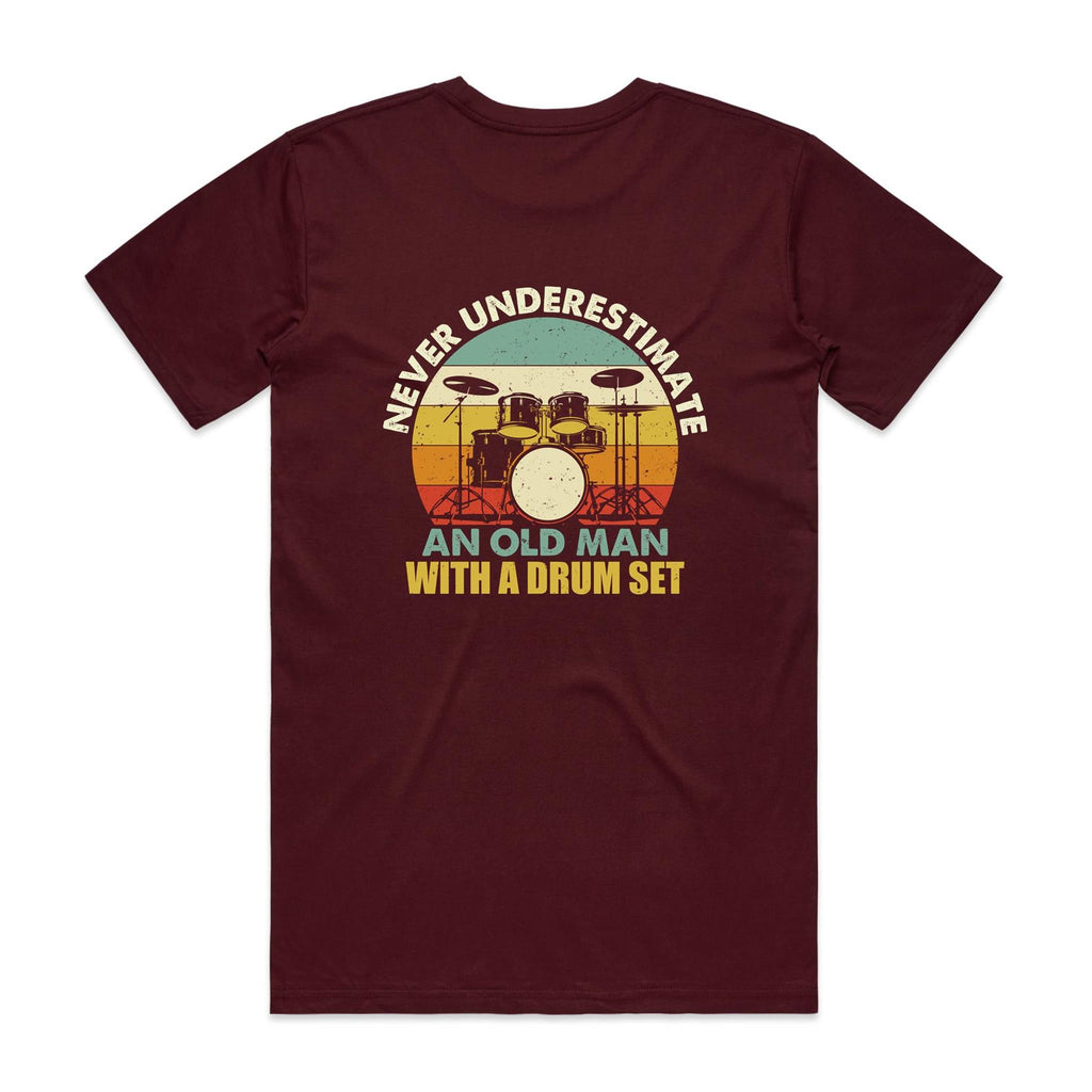 Never Underestimate An Old Man With A Drum Set Men's AS Colour T-shirt Burgundy Mens T-shirt Music Printed In Australia