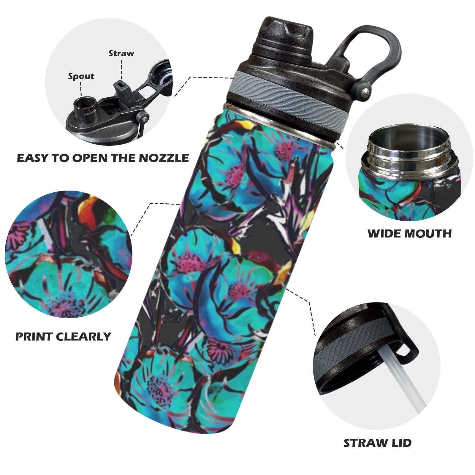 Flower It Blue - Insulated Water Bottle with Dual-Use Lid (18oz) Insulated Water Bottle with Dual-Use Lid (18oz) Plants Printed Offshore