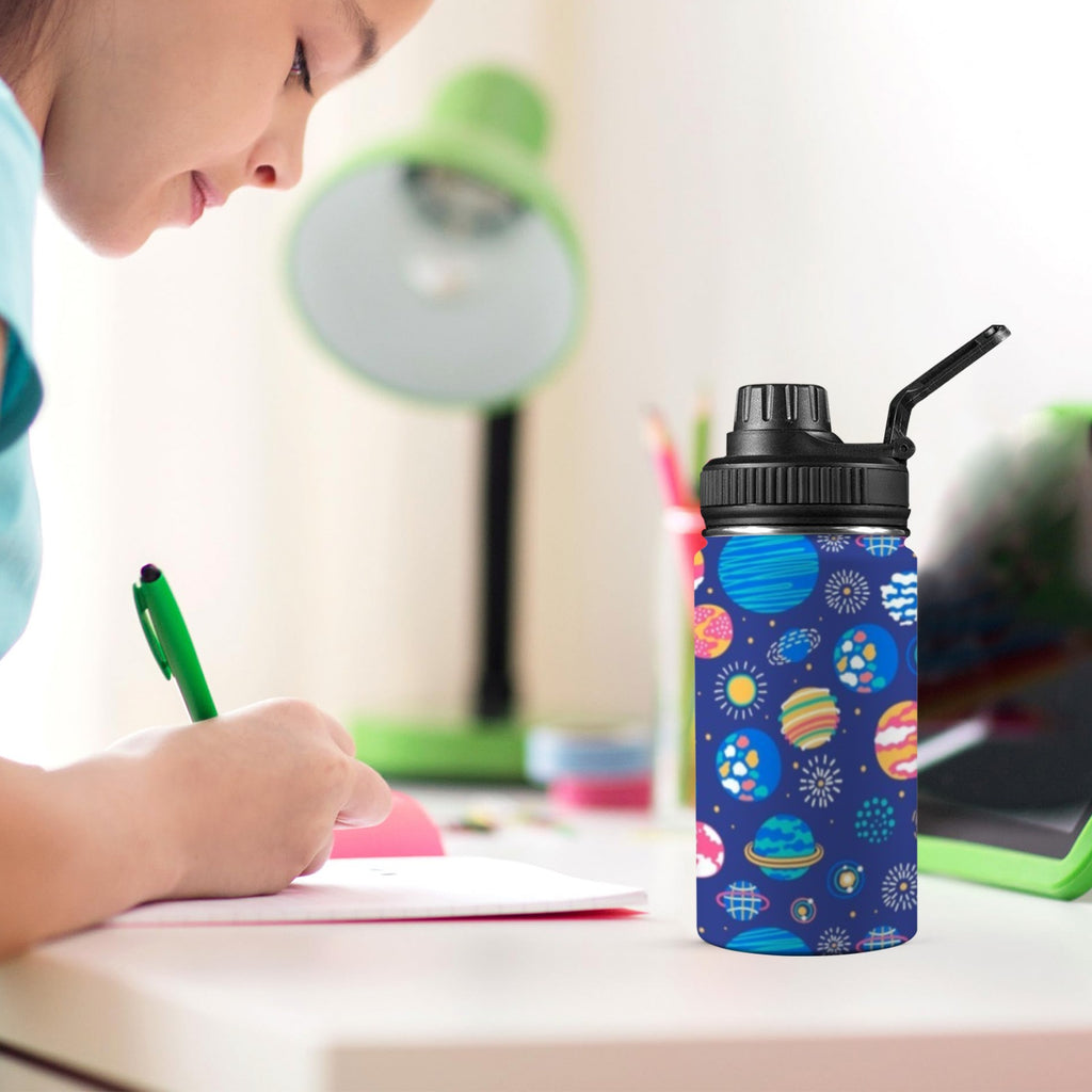 Planets On Blue Kids Water Bottle with Chug Lid (12 oz) Kids Water Bottle with Chug Lid Printed Offshore Space