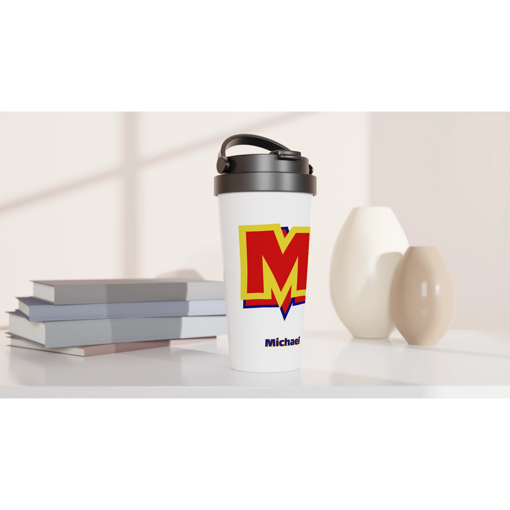 Personalised - Super Hero Initial - White 15oz Stainless Steel Travel Mug Personalised Travel Mug Customise Globally Fulfilled Initial Name Personalise