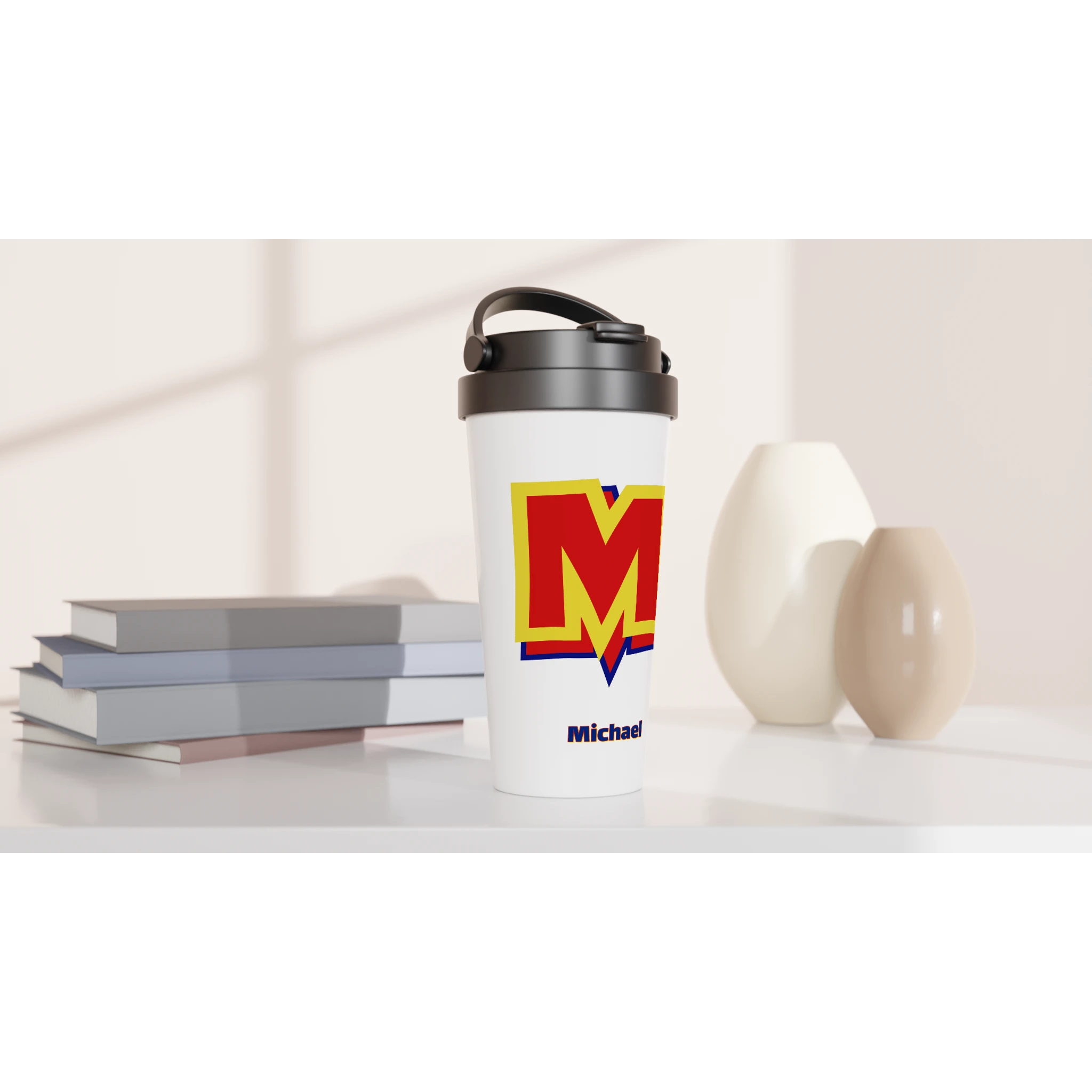 Personalised - Super Hero Initial - White 15oz Stainless Steel Travel Mug Personalised Travel Mug Customise Globally Fulfilled Initial Name Personalise