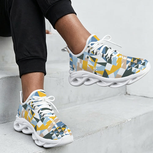 Abstract Shapes In Blue And Yellow Women's Twisted Sole Sneakers Twisted Sole Sneakers for Women Printed Offshore