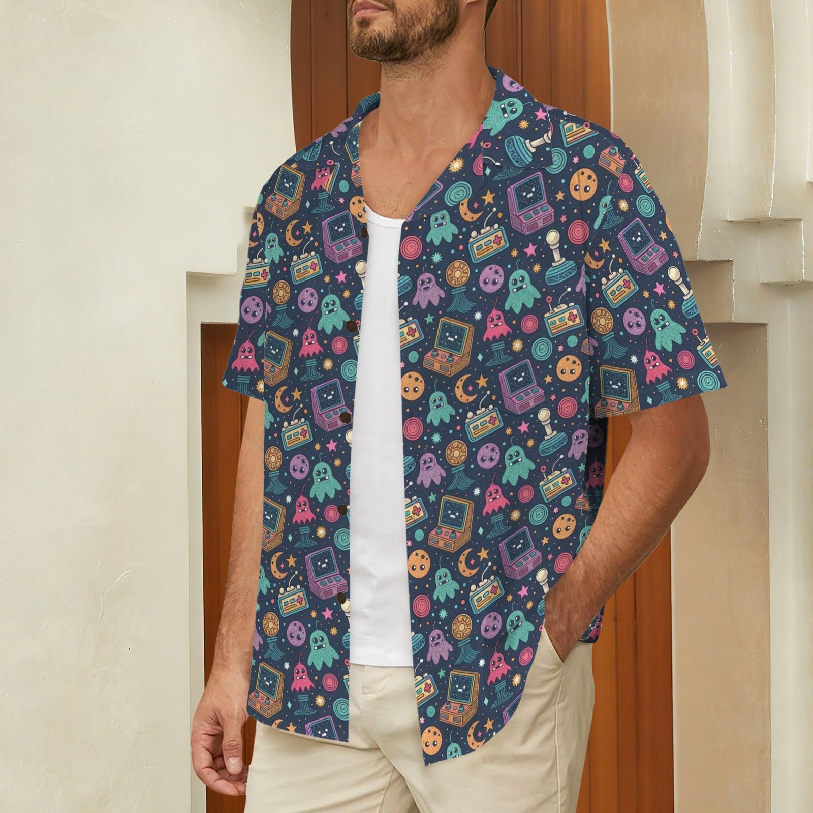 Space Arcade - Men's Short Sleeve Hawaiian Shirt Men's Hawaiian Shirt (New) Games Printed Offshore Retro