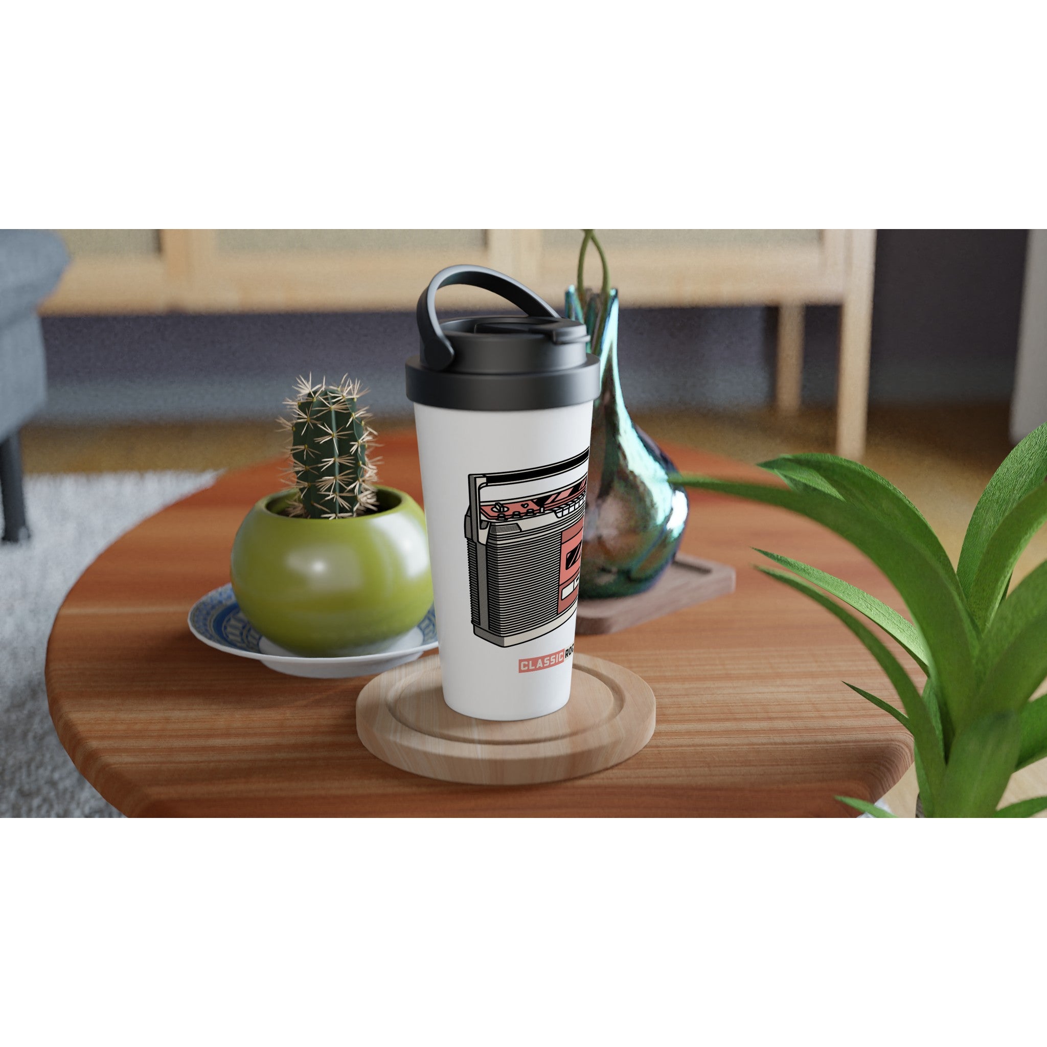 Classic Rock - White 15oz Stainless Steel Travel Mug Travel Mug Globally Fulfilled Music Retro