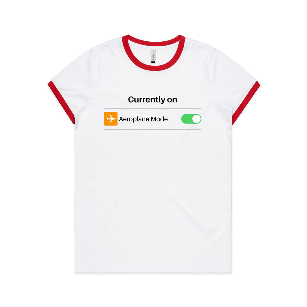 Currently On Aeroplane Mode - Women's Ringer Tee White Red Womens Ringer T-shirt Printed In Australia Tech