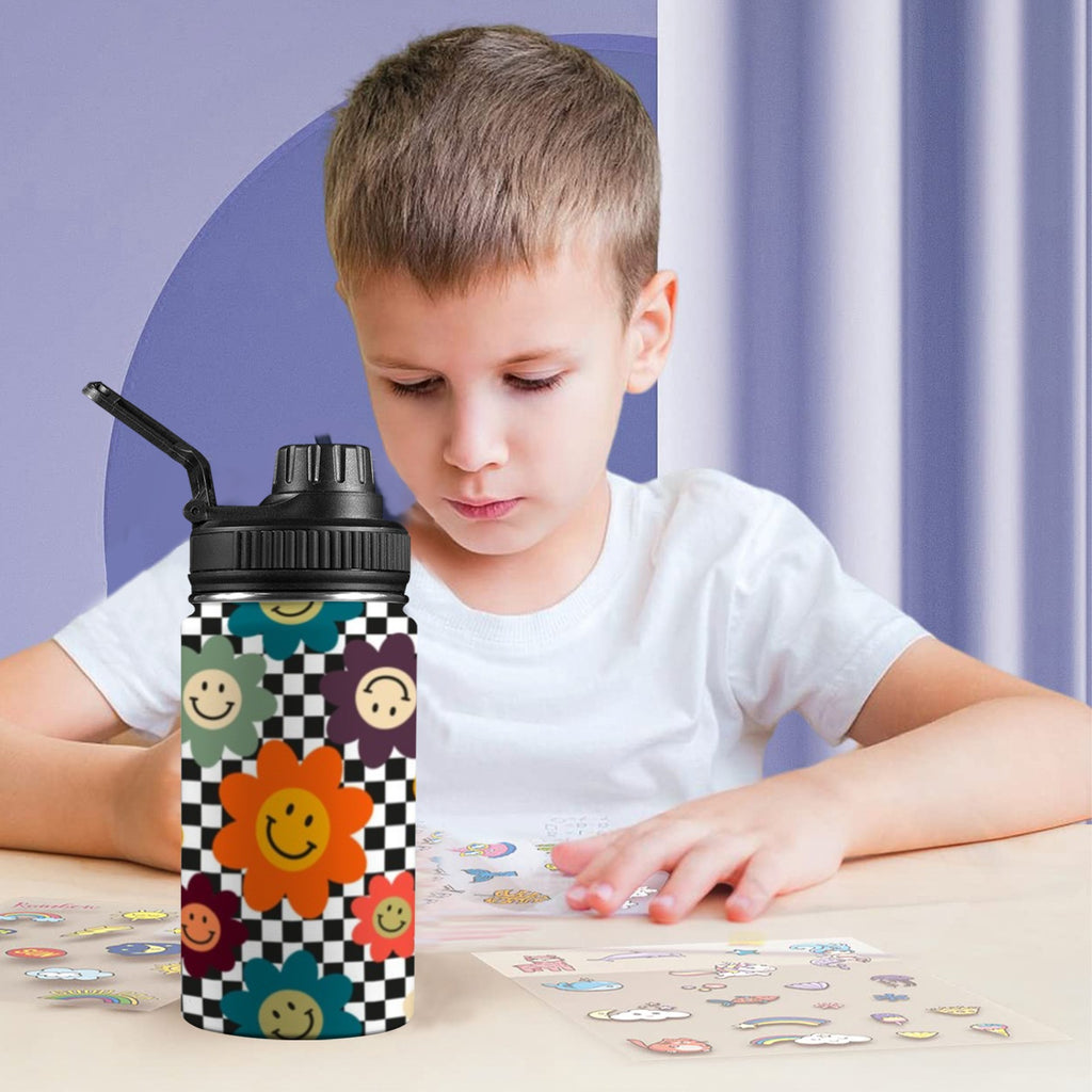 Happy Retro Flowers - Kids Water Bottle with Chug Lid (12 oz) Kids Water Bottle with Chug Lid Printed Offshore Retro