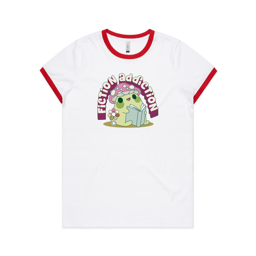 Fiction Addiction - Women's Ringer Tee White Red Womens Ringer T-shirt Printed In Australia Reading
