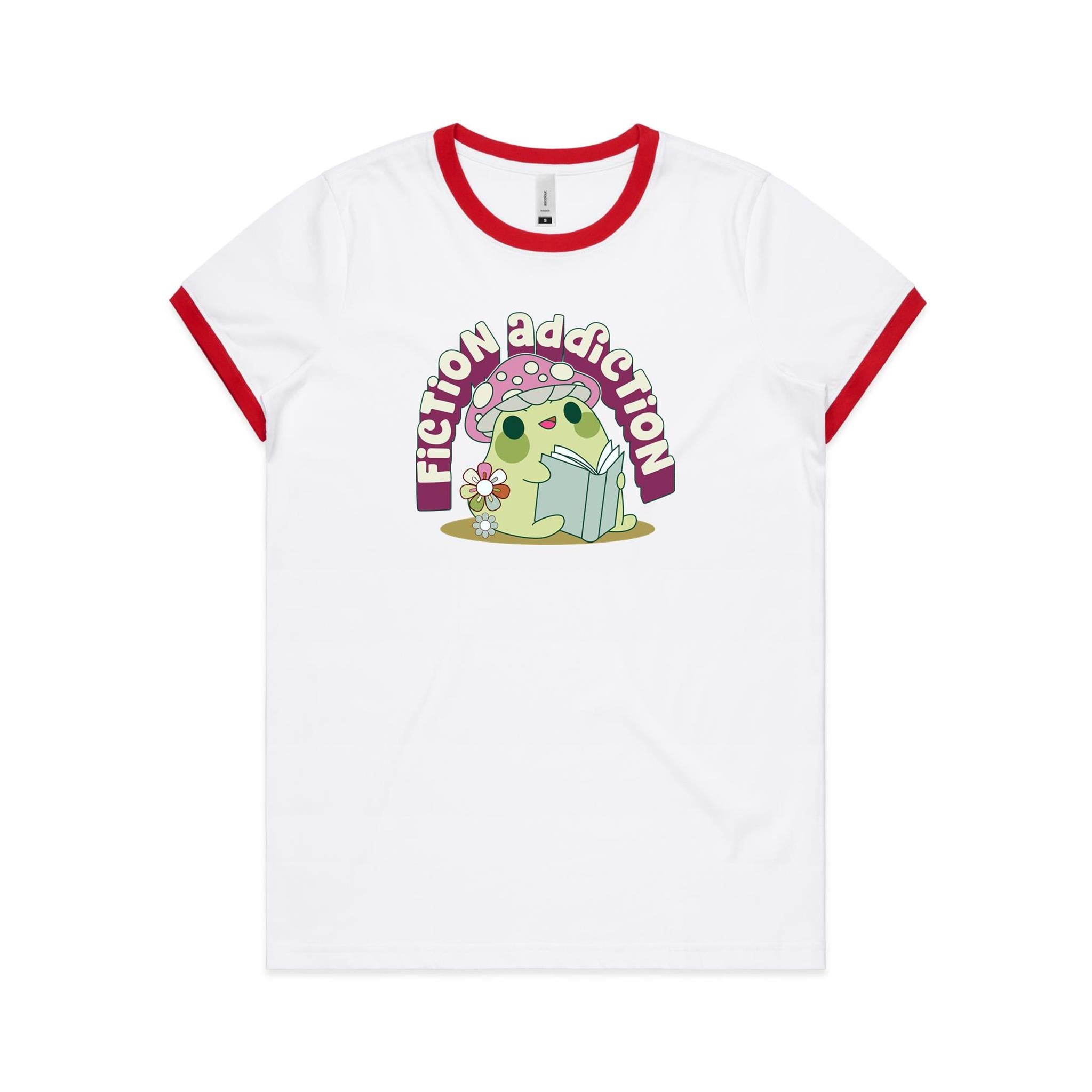 Fiction Addiction - Women's Ringer Tee White Red Womens Ringer T-shirt Printed In Australia Reading