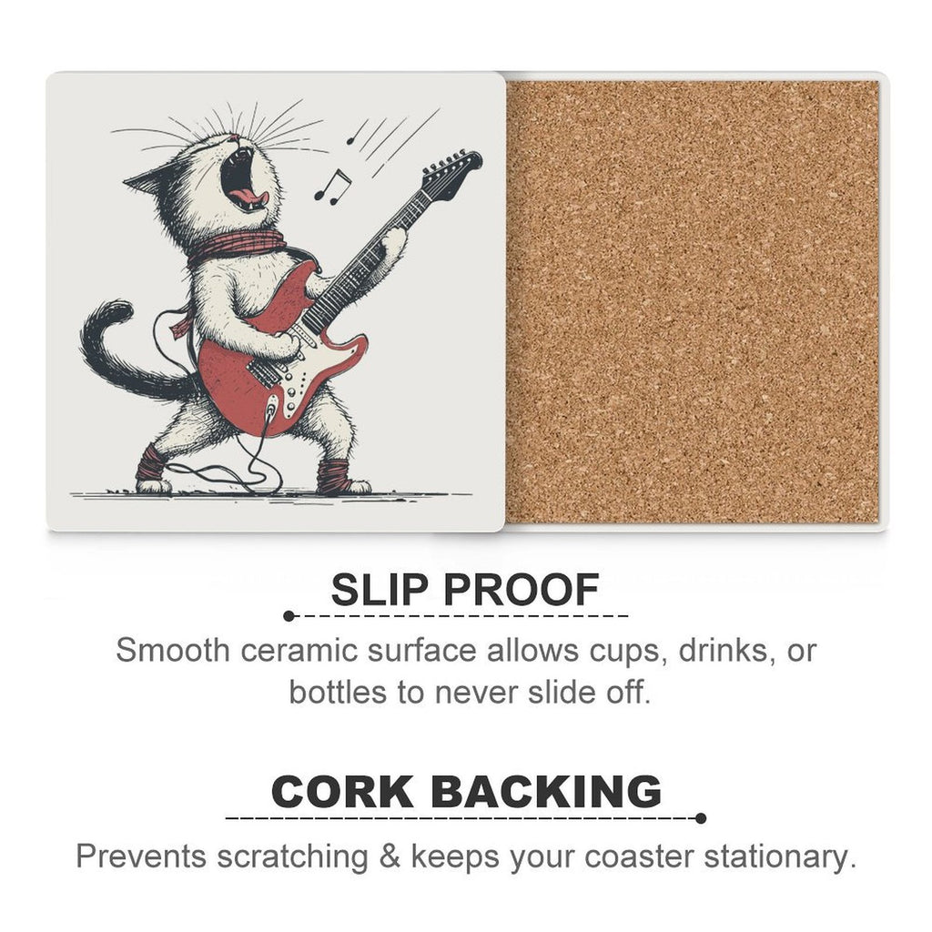 Cat Playing Guitar Ceramic Coasters (Square) Ceramic Coasters animal Music Printed Offshore
