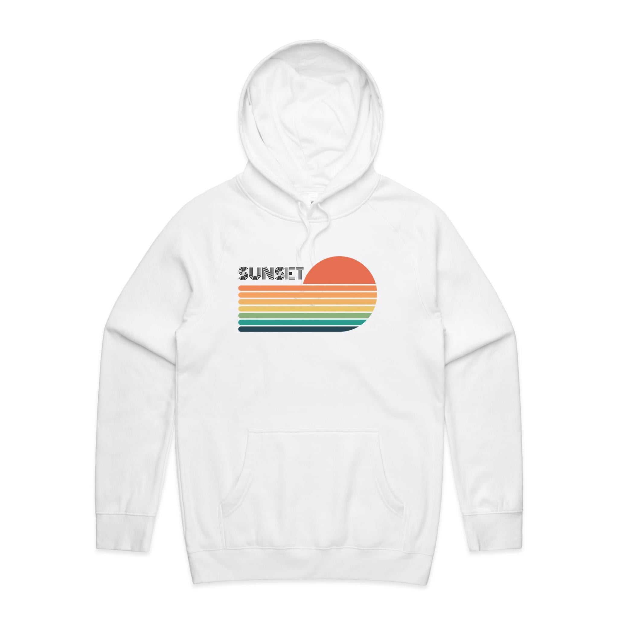 Retro Sunset - Mens Hoodie White Mens Hoodie Printed In Australia Retro