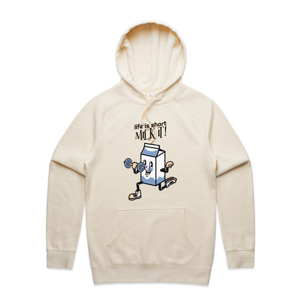 Life Is Short, Milk It - Mens Hoodie Ecru Mens Hoodie Fitness Printed In Australia