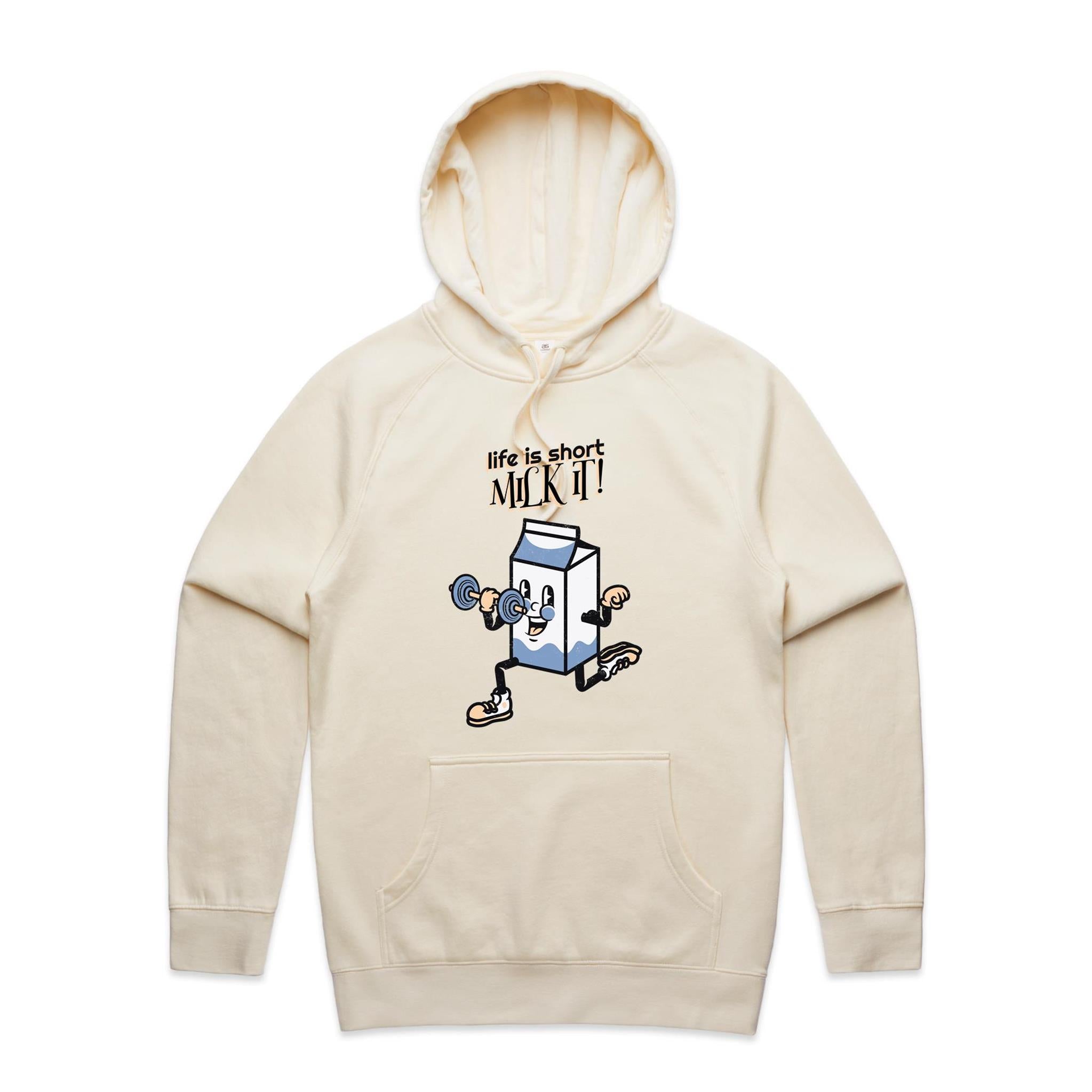 Life Is Short, Milk It - Mens Hoodie Ecru Mens Hoodie Fitness Printed In Australia