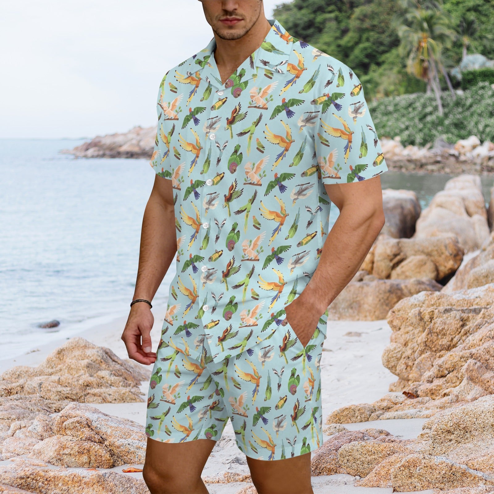 Parrots Men's Hawaiian Shirt & Shorts Set Men's Hawaiian Shirt & Shorts Set animal Birds Printed Offshore