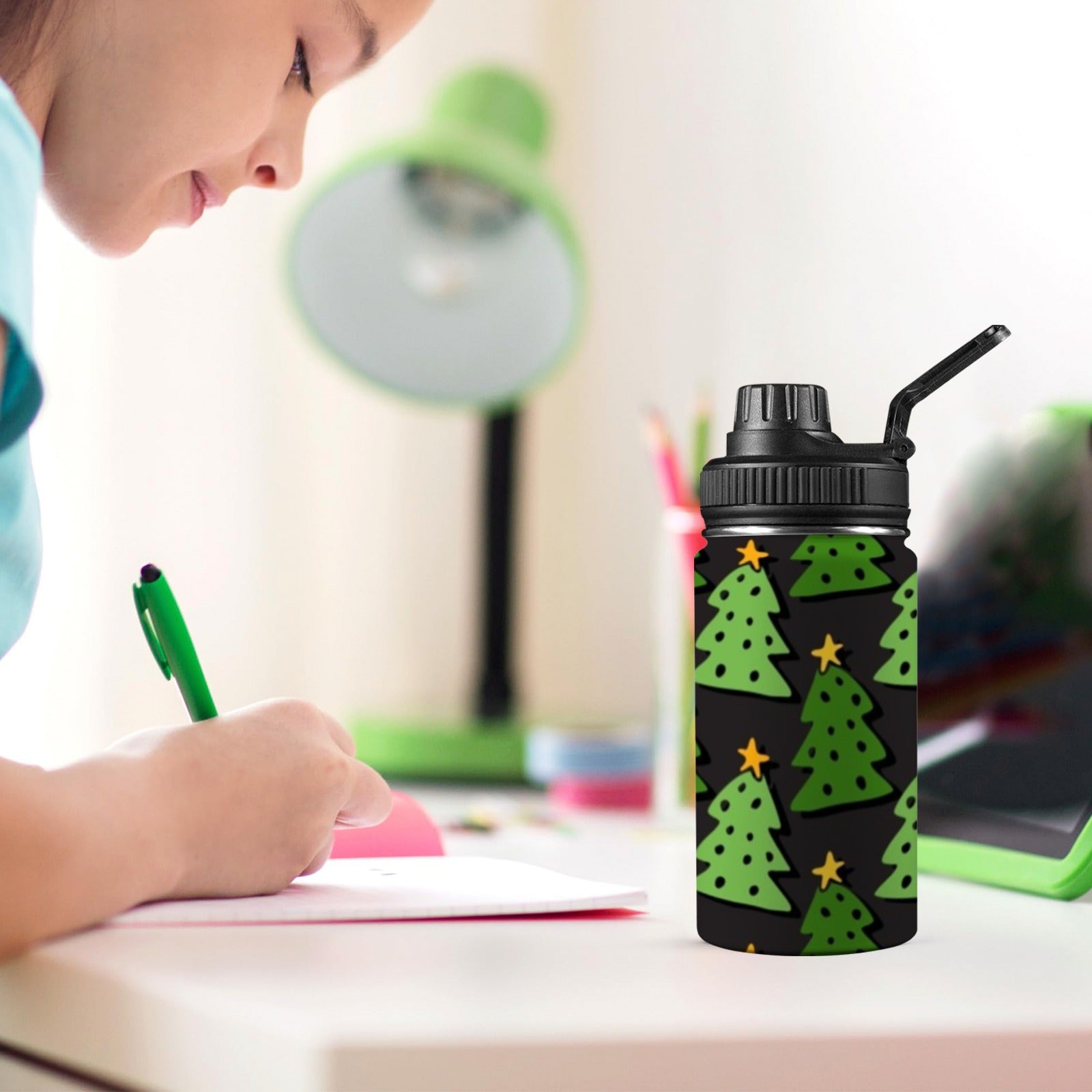 Christmas Trees - Kids Water Bottle with Chug Lid (12 oz) Kids Water Bottle with Chug Lid Christmas Printed Offshore