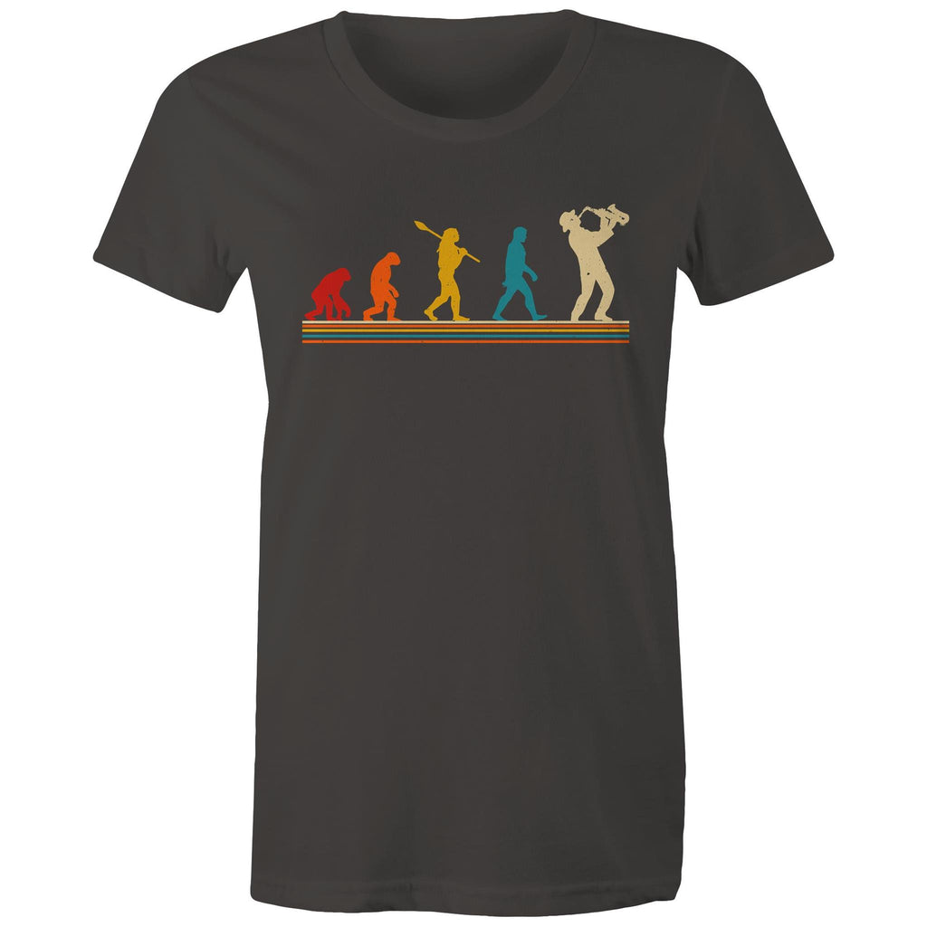 Saxophone Player Evolution - Womens T-shirt Charcoal Womens T-shirt Music Printed In Australia