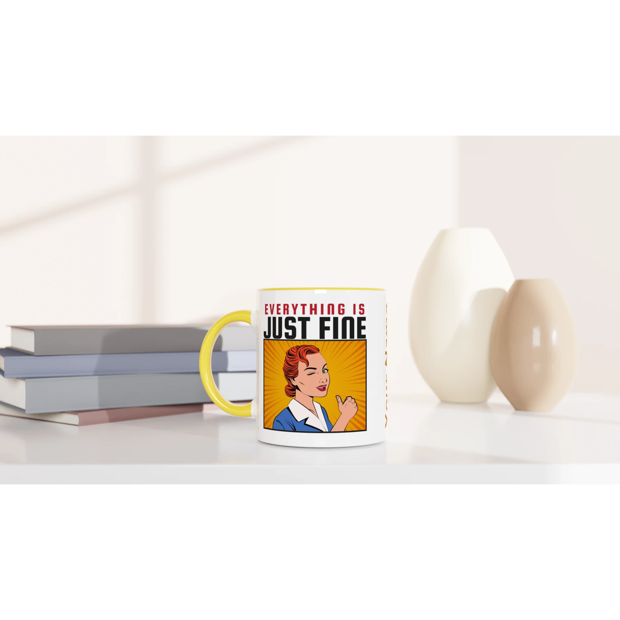 Personalised - Everything Is Just Fine - White 11oz Ceramic Mug with Colour Inside Personalised 11oz Mug comic customise Globally Fulfilled personalise Retro