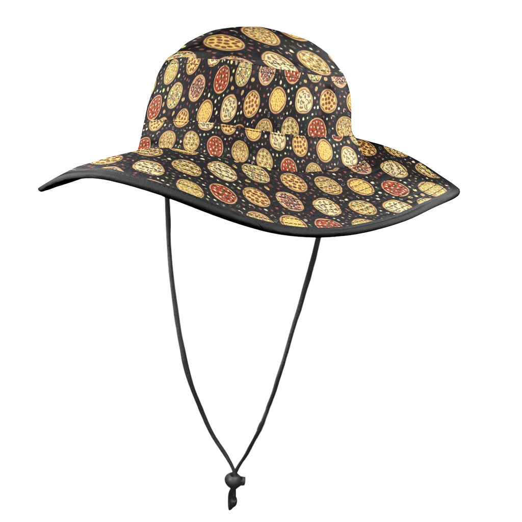 Round Pizzas On Black Wide Brim Bucket Hat Wide Brim Bucket Hat Food Printed Offshore