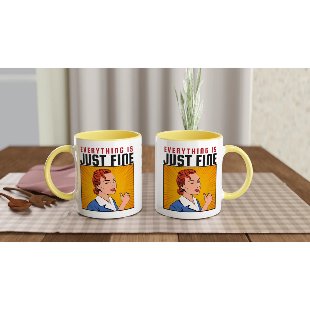 Personalised - Everything Is Just Fine - White 11oz Ceramic Mug with Colour Inside Personalised 11oz Mug comic customise Globally Fulfilled personalise Retro