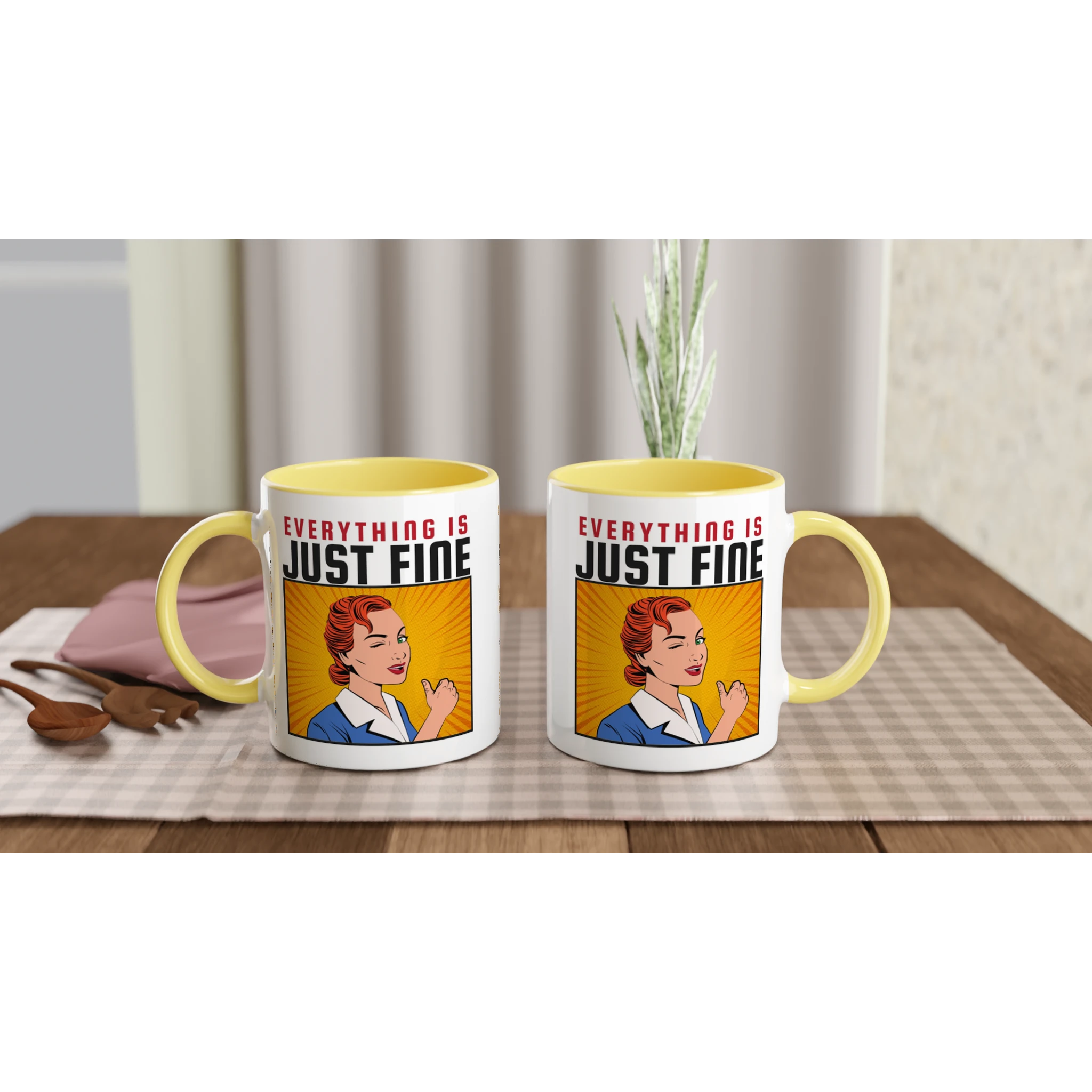 Personalised - Everything Is Just Fine - White 11oz Ceramic Mug with Colour Inside Personalised 11oz Mug comic customise Globally Fulfilled personalise Retro