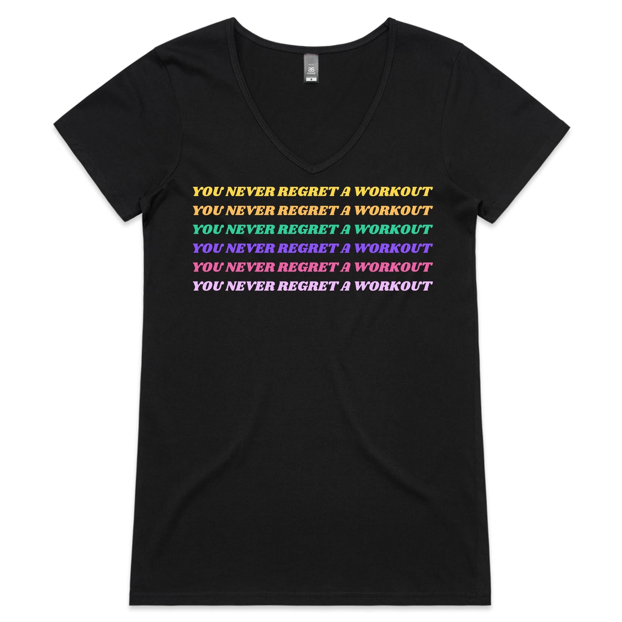 You Never Regret A Workout - Womens V-Neck T-Shirt Black Womens Active V-Neck T-shirt Fitness Printed In Australia