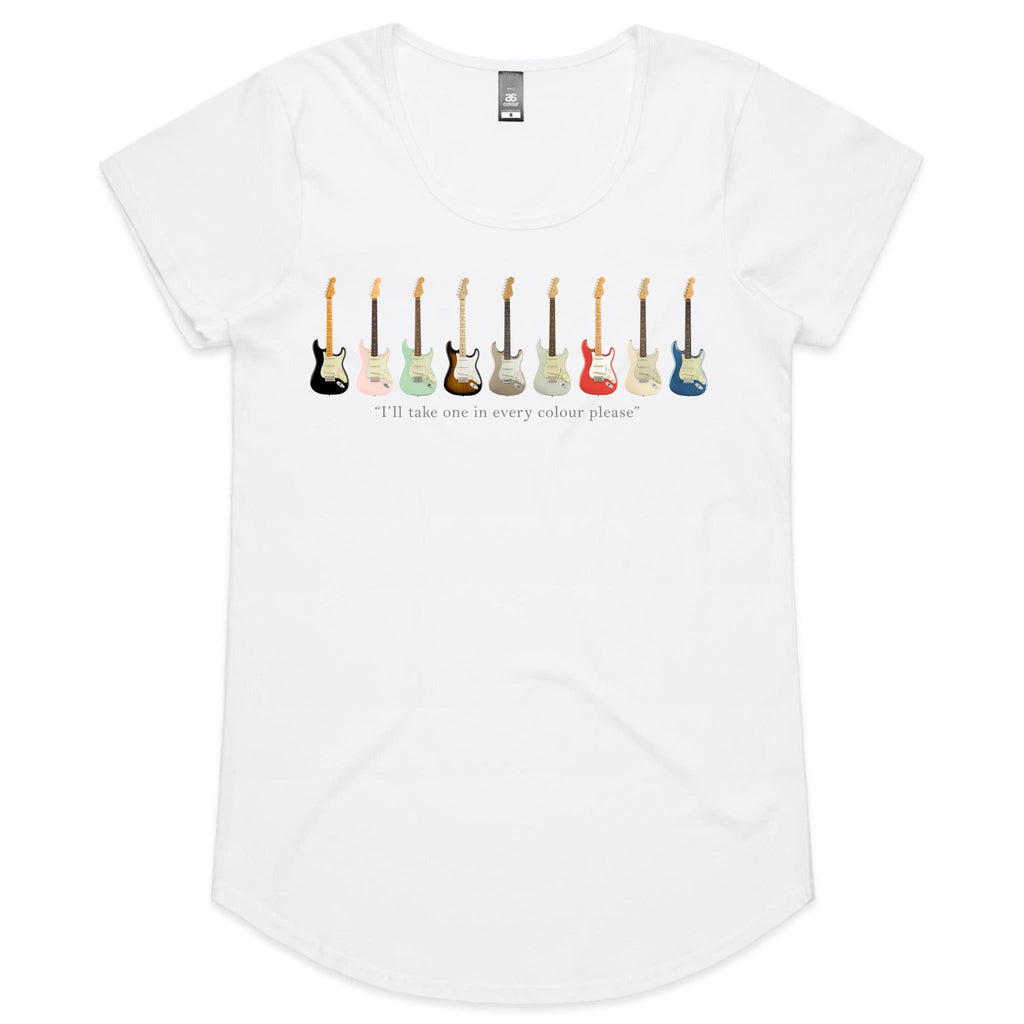 Guitars In Every Colour - Womens Scoop Neck T-Shirt White Womens Scoop Neck T-shirt Music Printed In Australia