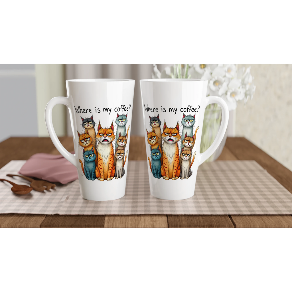 Where Is My Coffee, Cranky Cats - White Latte 17oz Ceramic Mug Latte Mug animal Coffee Globally Fulfilled