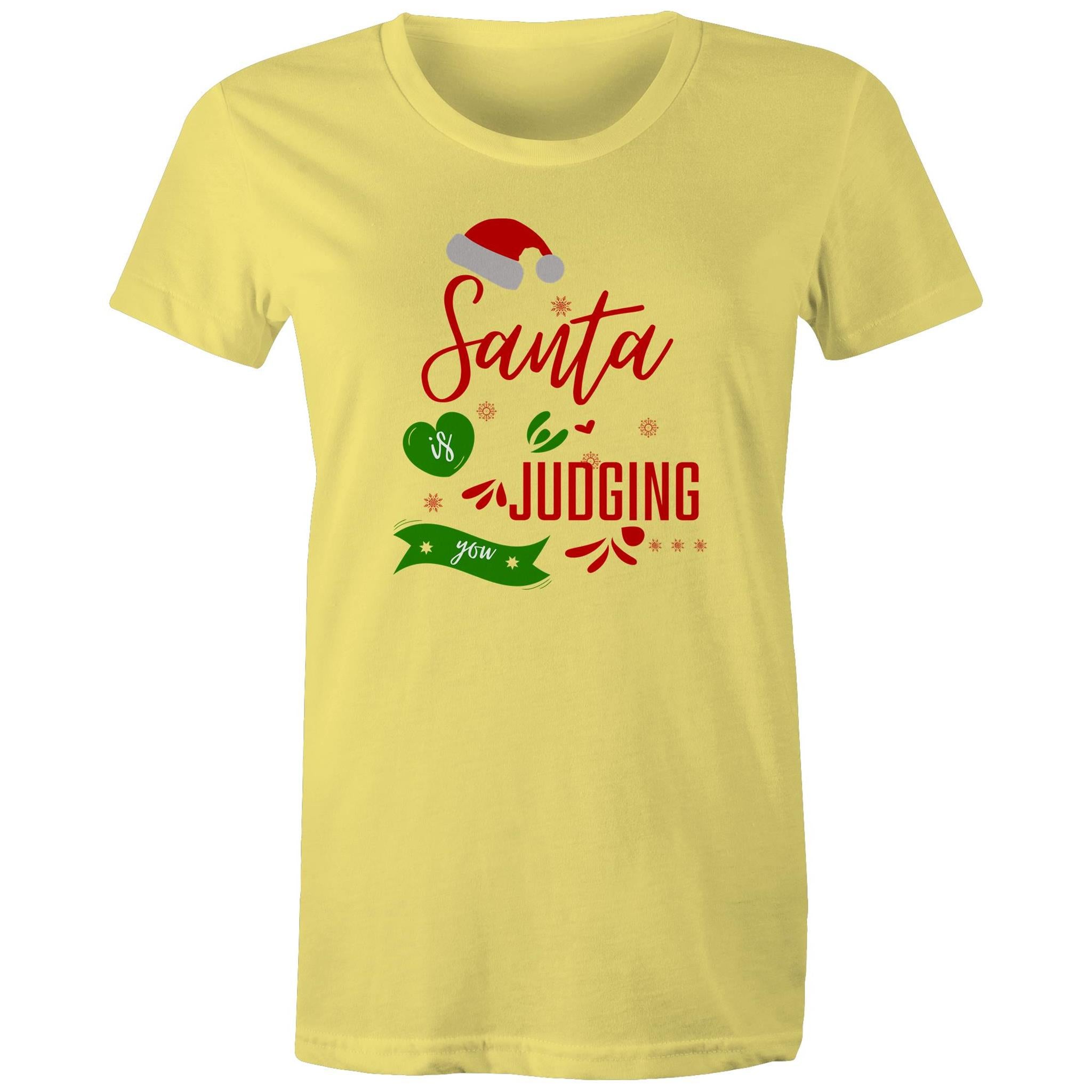 Santa Is Judging You - Womens T-shirt Yellow Womens Christmas T-shirt Christmas Printed In Australia