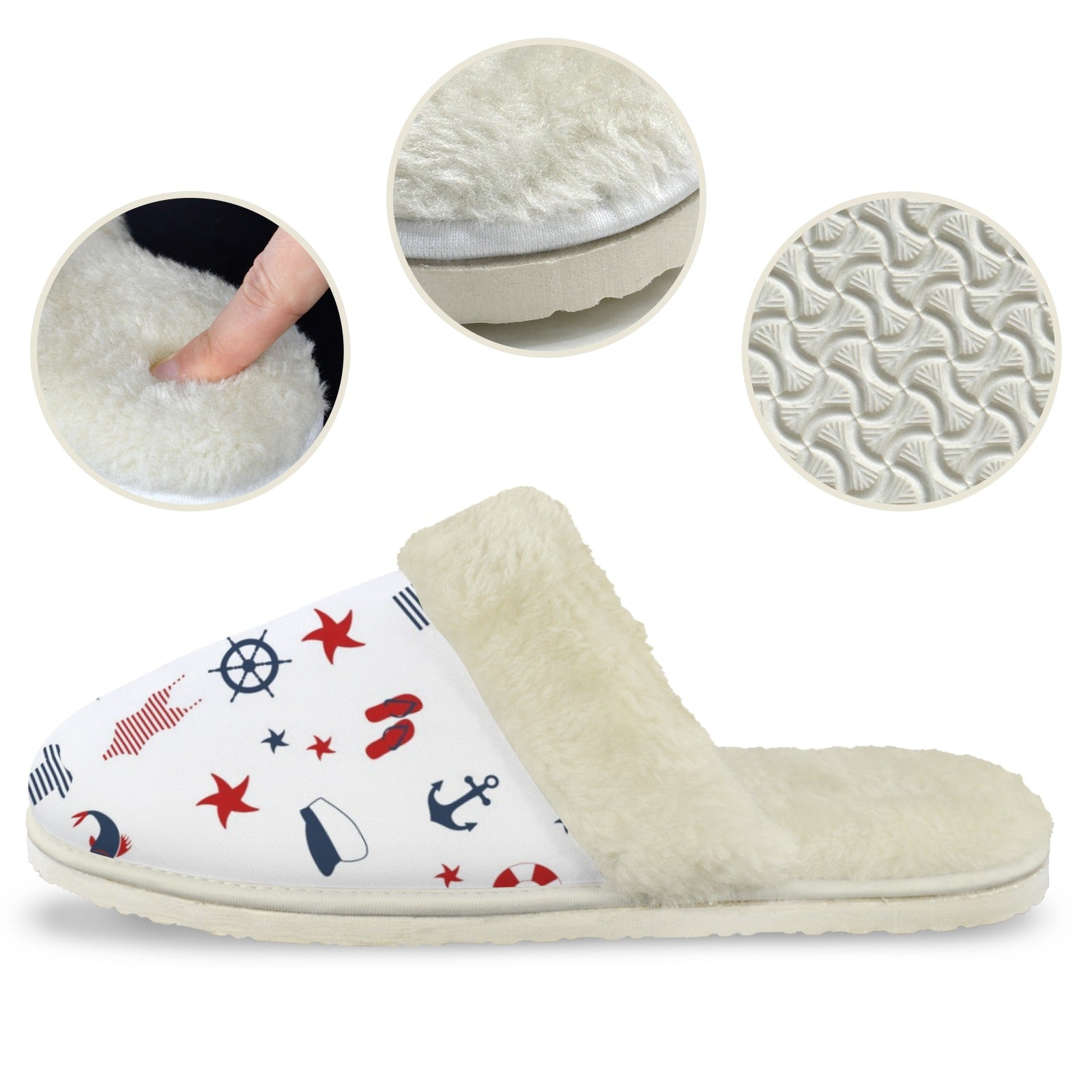 Nautical Life Men's Fur Trim Thick-Sole Indoor Slippers Men's Fur Trimmed Slippers Ocean Printed Offshore