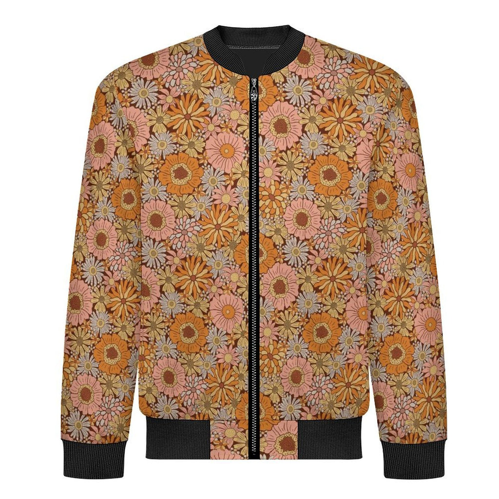 Orange Retro Floral Men's Casual Zip‑Up Bomber Jacket