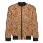 Orange Retro Floral Men's Casual Zip‑Up Bomber Jacket