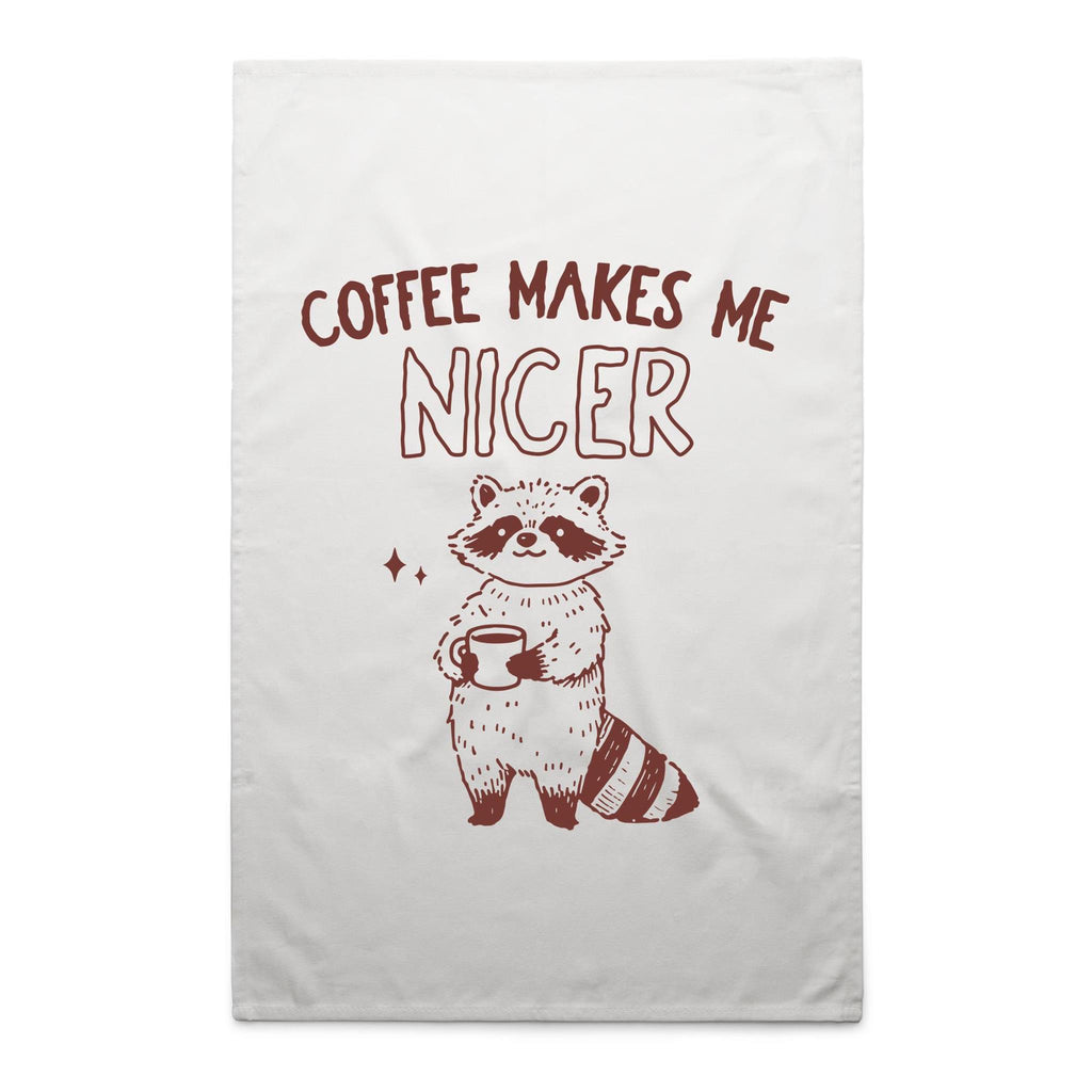Coffee Makes Me Nicer, Raccoon - AS Colour Tea Towel White One Size Tea Towel animal Coffee Printed In Australia