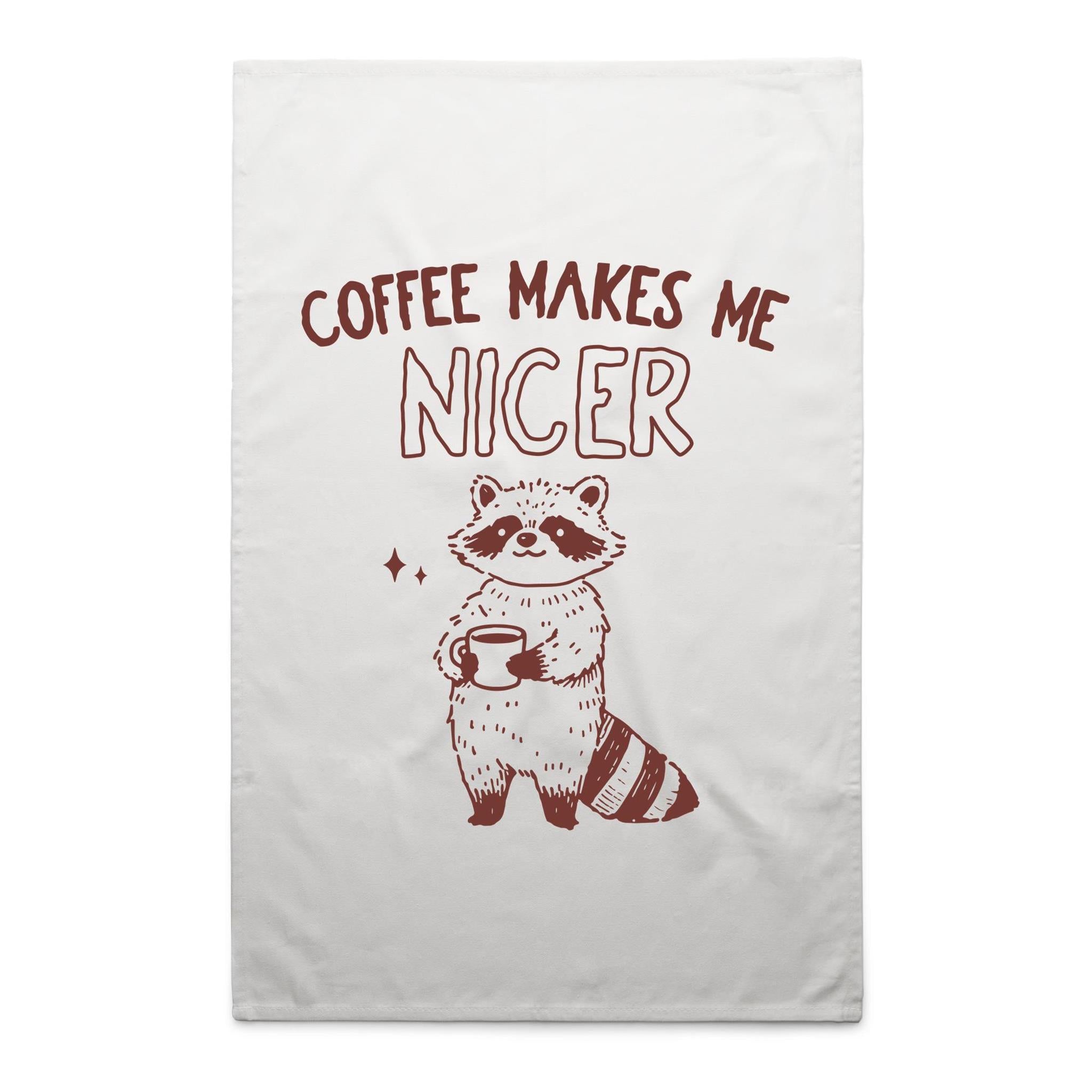 Coffee Makes Me Nicer, Raccoon - AS Colour Tea Towel White One Size Tea Towel animal Coffee Printed In Australia