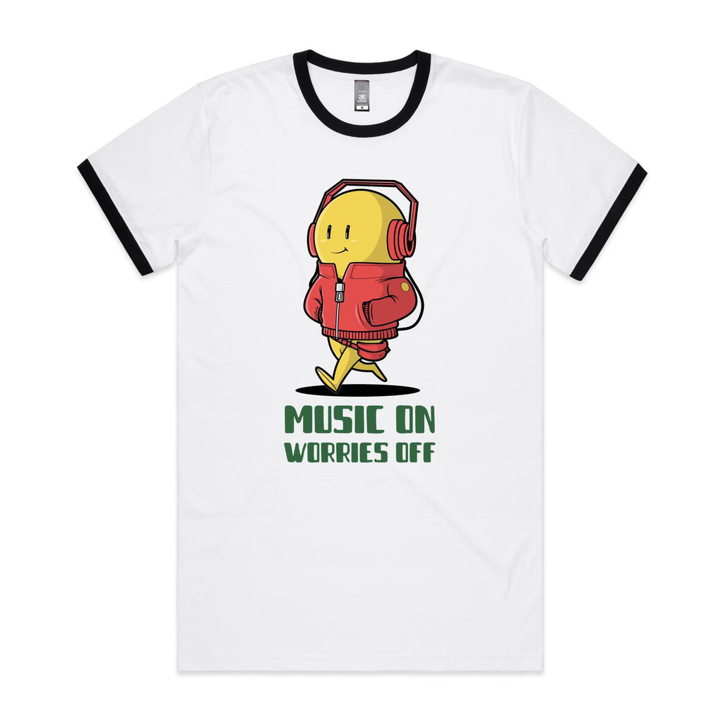 Music On, Worries Off - Staple Ringer Tee White Black Ringer T-Shirt Music Printed In Australia