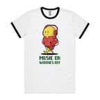 Music On, Worries Off - Staple Ringer Tee White Black Ringer T-Shirt Music Printed In Australia