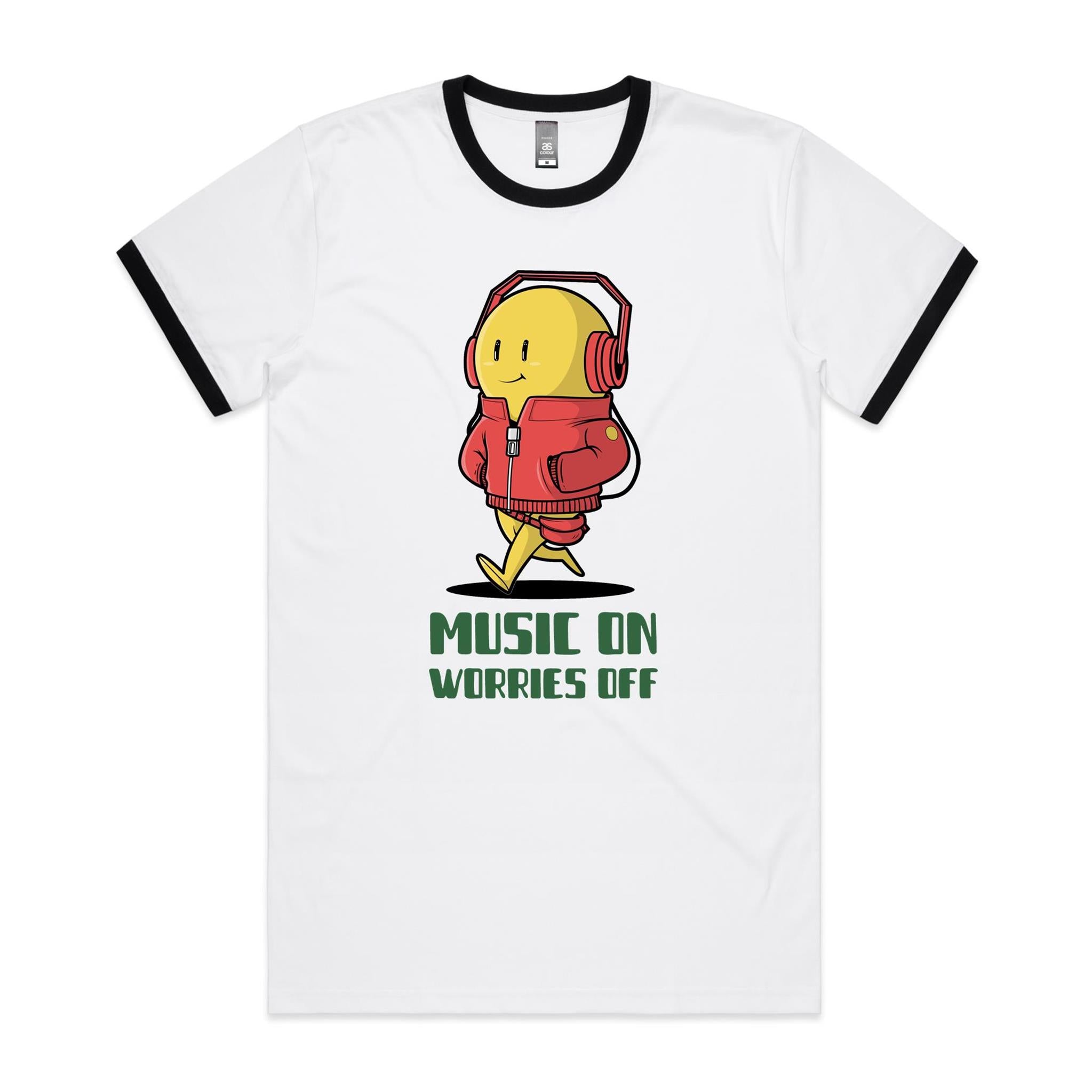 Music On, Worries Off - Staple Ringer Tee White Black Ringer T-Shirt Music Printed In Australia