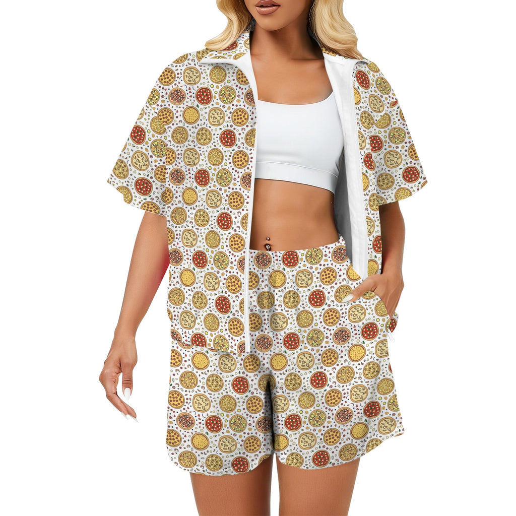 Round Pizzas On White Women's Windbreaker Short Set 2XL Women's Windbreaker Short Set Food Printed Offshore