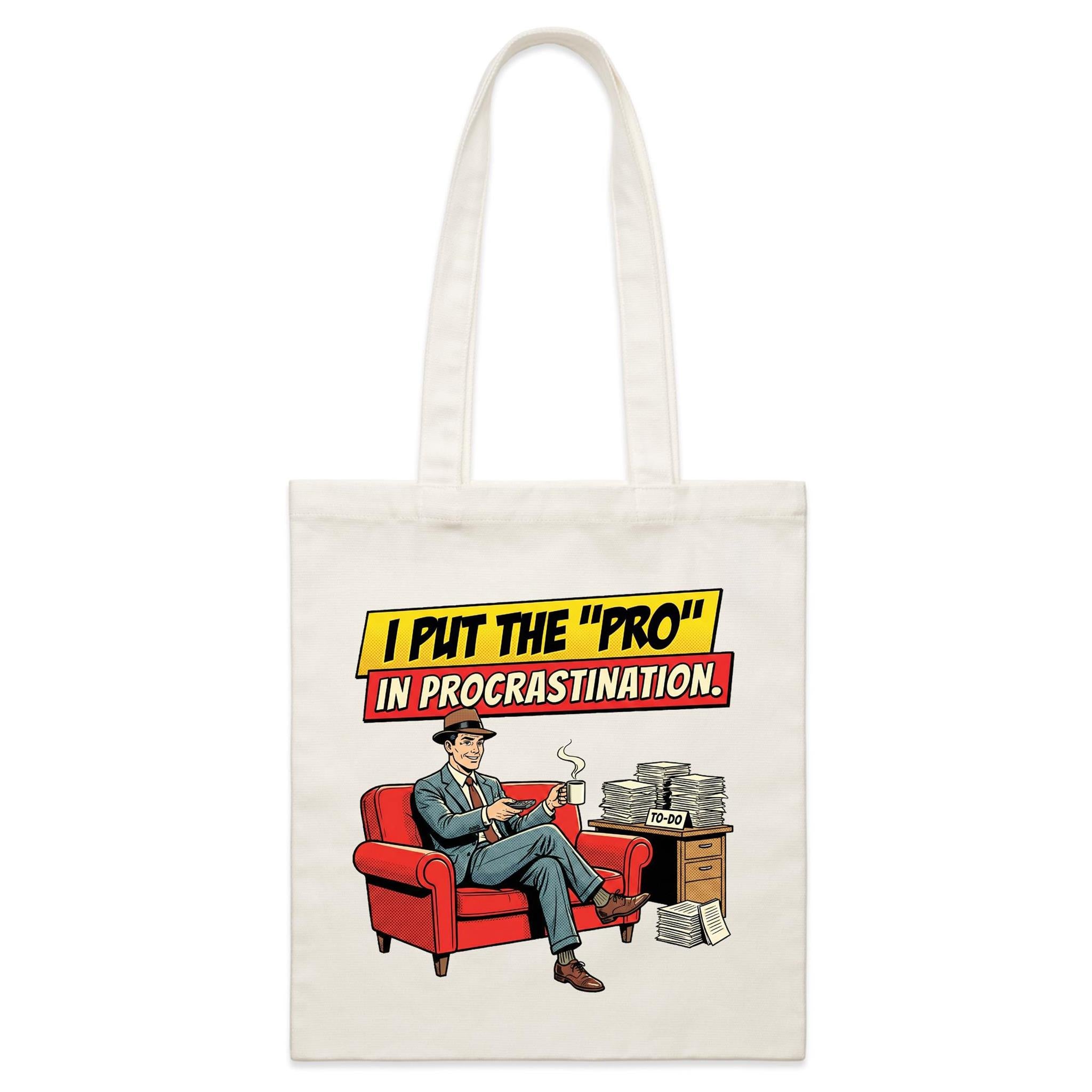 I Put The Pro In Procrastination, Retro Gentleman Parcel Canvas Tote Bag Default Title Small Tote Bag comic Printed In Australia