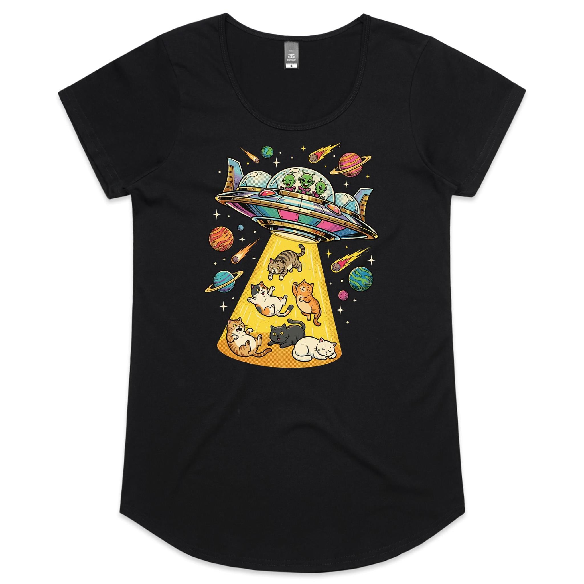 UFO Cat Abduction Women's AS Colour Scoop Neck T-Shirt Black Womens Scoop Neck T-shirt animal Printed In Australia Sci Fi
