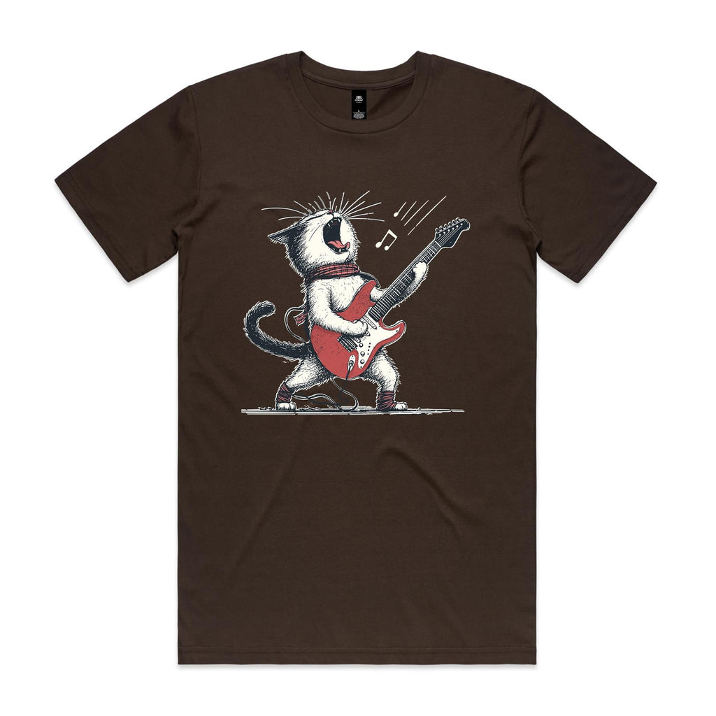 Cat Playing Guitar Men's AS Colour T-shirt Dark Chocolate Mens T-shirt animal Music Printed In Australia