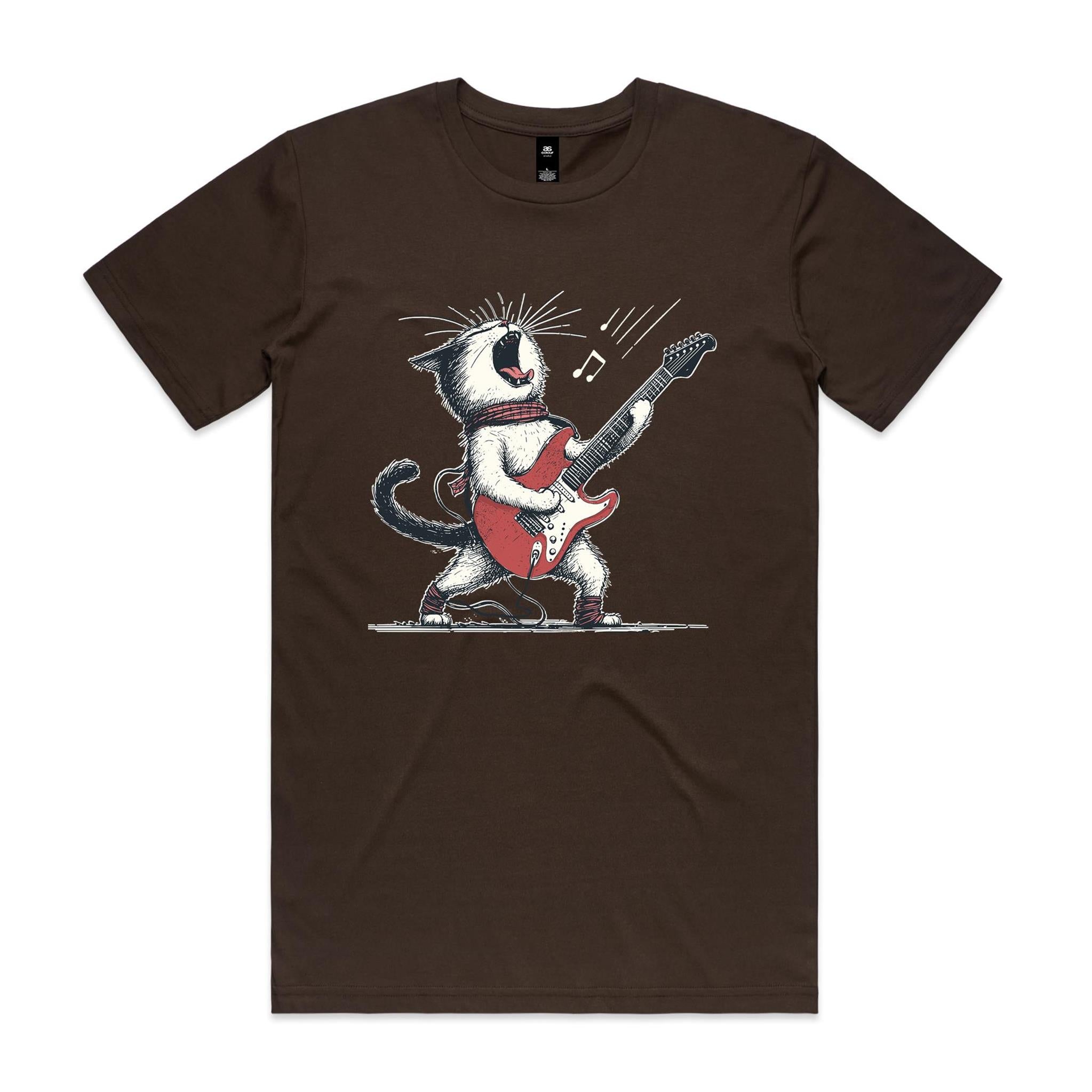 Cat Playing Guitar Men's AS Colour T-shirt Dark Chocolate Mens T-shirt animal Music Printed In Australia