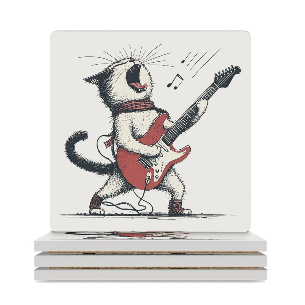 Cat Playing Guitar Ceramic Coasters (Square) white Ceramic Coasters animal Music Printed Offshore