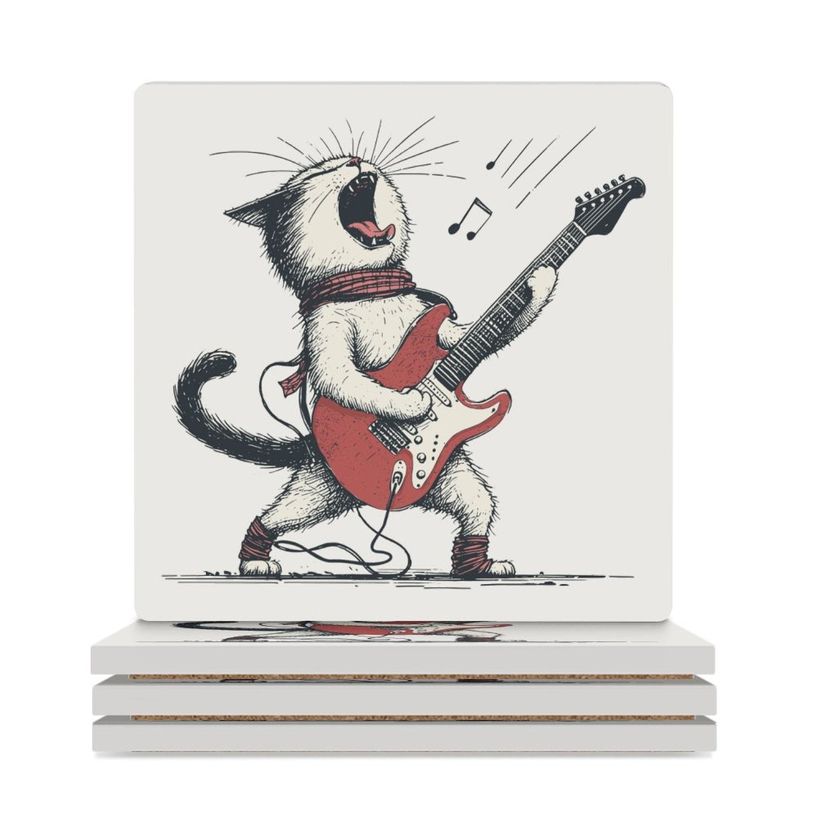 Cat Playing Guitar Ceramic Coasters (Square) white Ceramic Coasters animal Music Printed Offshore