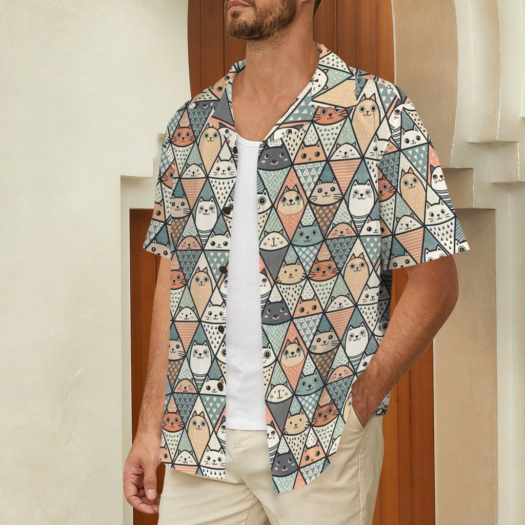 Diamond Cat Pattern Men's Short Sleeve Hawaiian Shirt Men's Hawaiian Shirt (New) animal Printed Offshore