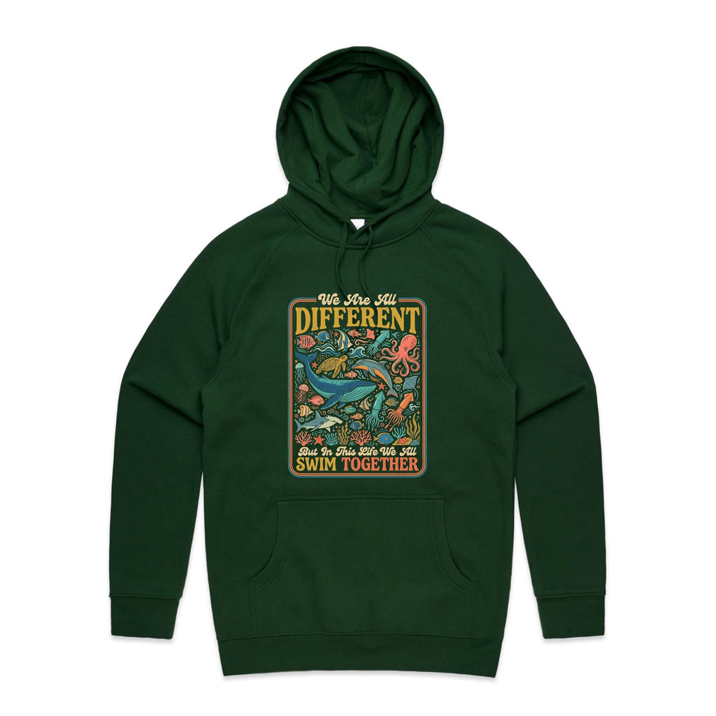 We Are All Different, But We All Swim Together Men's AS Colour Hoodie Forest Green Mens Hoodie animal Ocean Positivity Printed In Australia